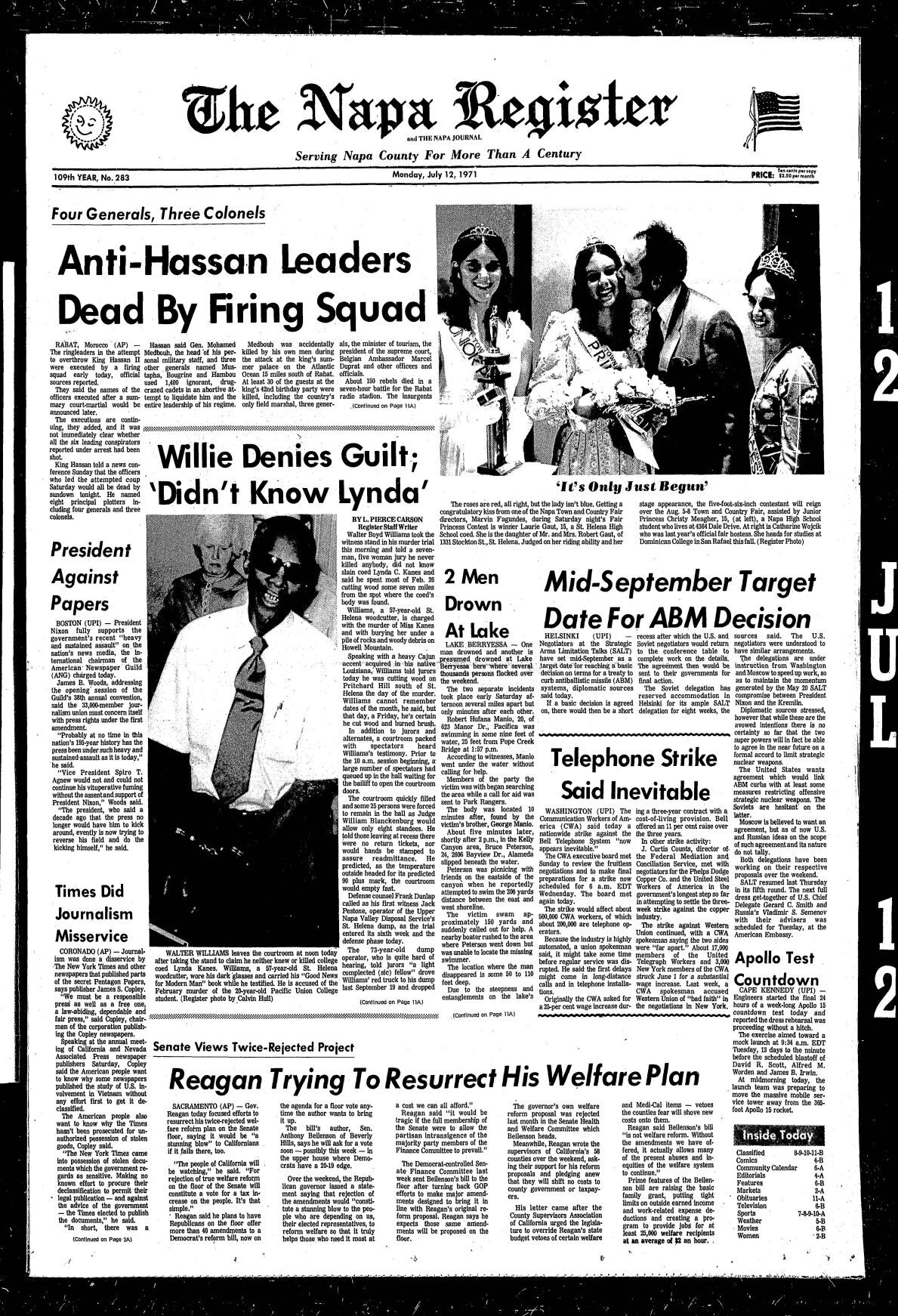 Willie the Woodcutter murder and Napa Register coverage: 04/12/71 page 1A
